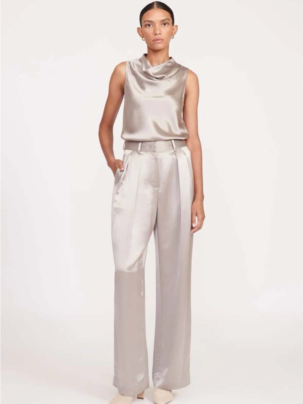 STAUD Luisa Pleated High Rise Satin Pants in Silver Size 6